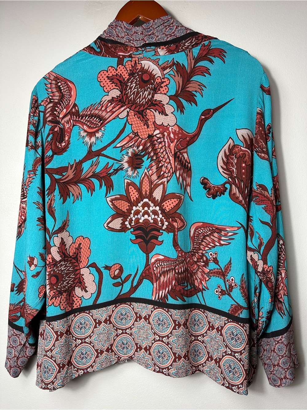 BL^NK London Kimono Jacket Boho Bird Print Open Front Turquoise NWOT - Picture 3 of 8